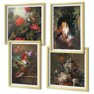 Composizione di 4 quadri Fiori vintage, gatti, piante
