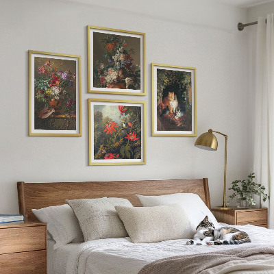 Composizione di 4 quadri Fiori vintage, gatti, piante