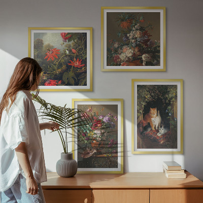 Composizione di 4 quadri Fiori vintage, gatti, piante