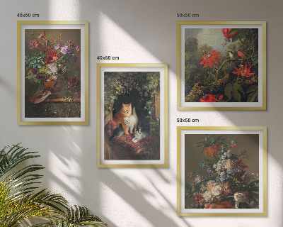 Composizione di 4 quadri Fiori vintage, gatti, piante