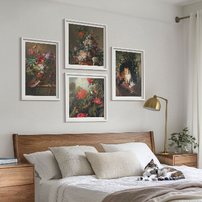 Composizione di 4 quadri Fiori vintage, gatti, piante