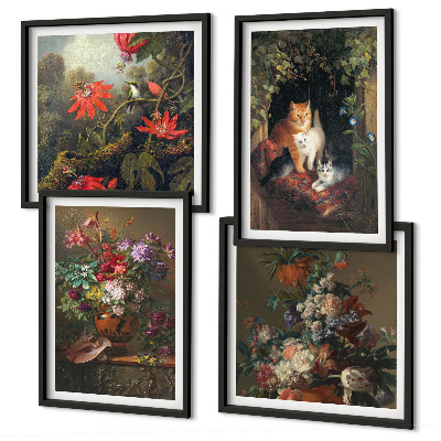 Composizione di 4 quadri Fiori vintage, gatti, piante