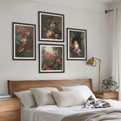 Composizione di 4 quadri Fiori vintage, gatti, piante