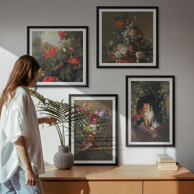 Composizione di 4 quadri Fiori vintage, gatti, piante