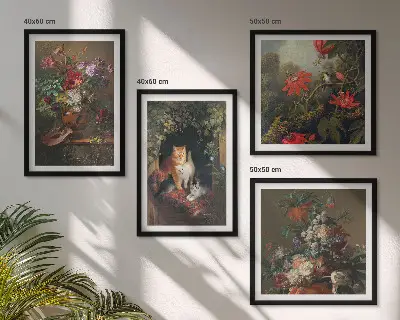 Composizione di 4 quadri con fiori vintage, gatti e piante