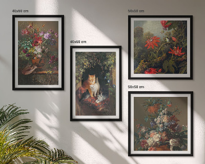 Composizione di 4 quadri Fiori vintage, gatti, piante