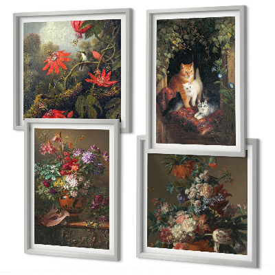 Composizione di 4 quadri Fiori vintage, gatti, piante
