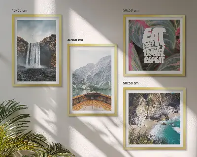 Polittico con cornice raffigurante una cascata in un viaggio in montagna nella natura