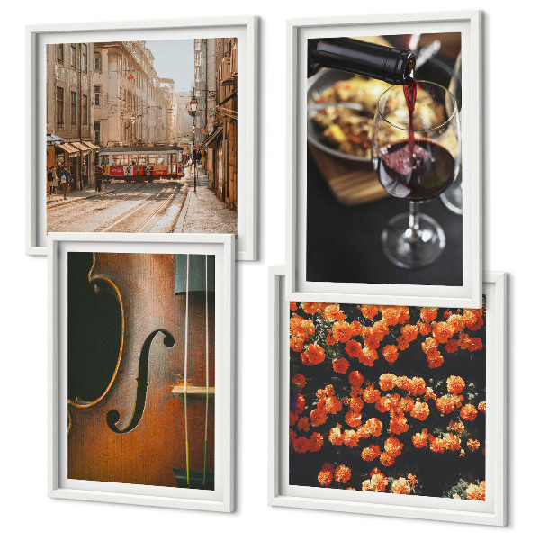 Polittico con cornice Fiori vintage, strada, vino, violino
