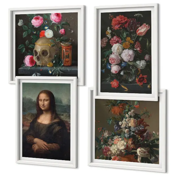 Composizione di 4 quadri con fiori vintage, teschio e Monna Lisa