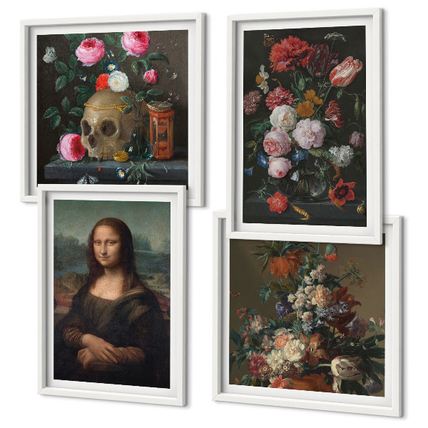 Composizione di 4 quadri Fiori vintage, teschio, Monna Lisa