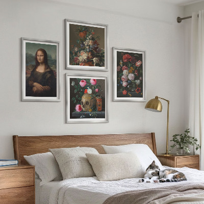 Composizione di 4 quadri Fiori vintage, teschio, Monna Lisa