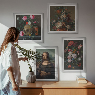 Composizione di 4 quadri Fiori vintage, teschio, Monna Lisa