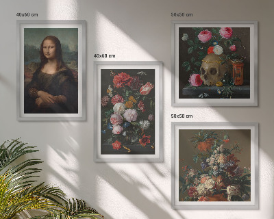 Composizione di 4 quadri Fiori vintage, teschio, Monna Lisa