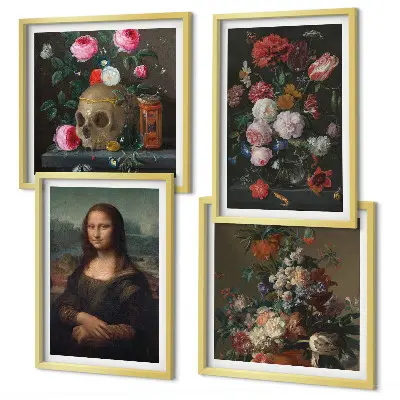Composizione di 4 quadri con fiori vintage, teschio e Monna Lisa