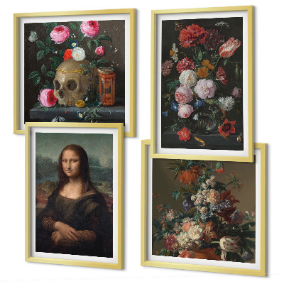 Composizione di 4 quadri Fiori vintage, teschio, Monna Lisa
