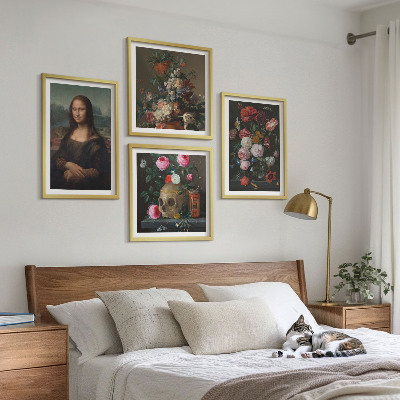 Composizione di 4 quadri Fiori vintage, teschio, Monna Lisa