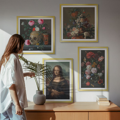 Composizione di 4 quadri Fiori vintage, teschio, Monna Lisa
