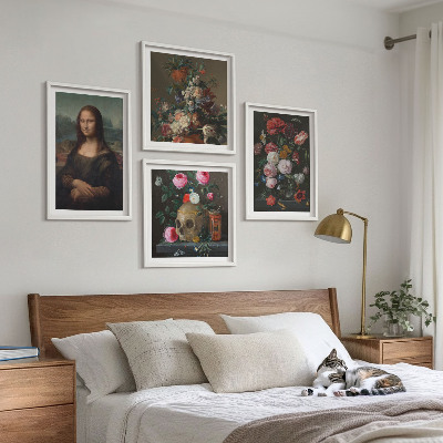 Composizione di 4 quadri Fiori vintage, teschio, Monna Lisa