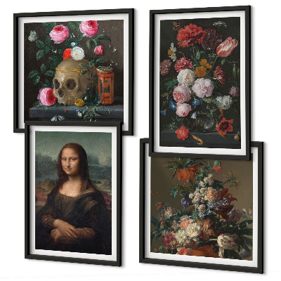 Composizione di 4 quadri Fiori vintage, teschio, Monna Lisa