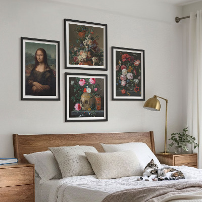 Composizione di 4 quadri Fiori vintage, teschio, Monna Lisa
