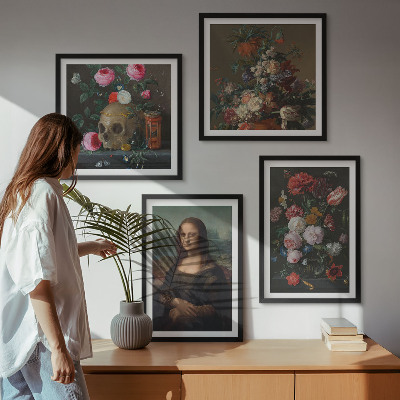 Composizione di 4 quadri Fiori vintage, teschio, Monna Lisa