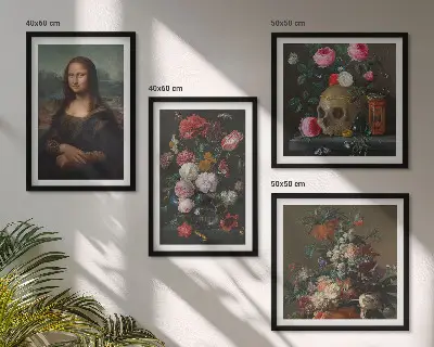 Composizione di 4 quadri con fiori vintage, teschio e Monna Lisa