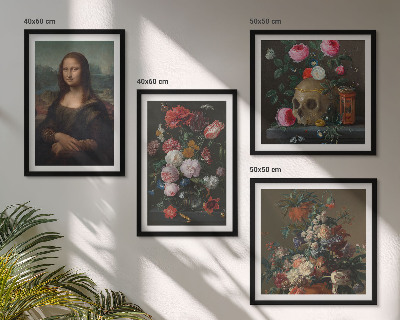 Composizione di 4 quadri Fiori vintage, teschio, Monna Lisa