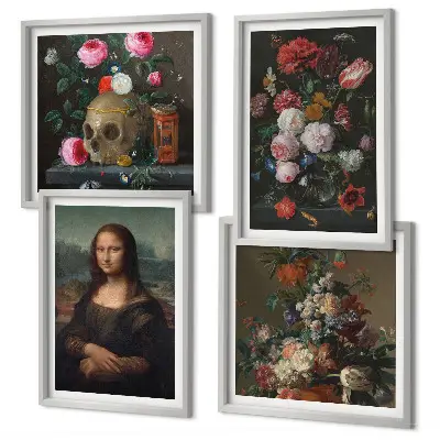Composizione di 4 quadri con fiori vintage, teschio e Monna Lisa