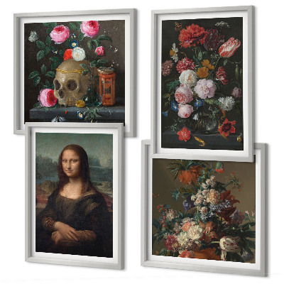 Composizione di 4 quadri Fiori vintage, teschio, Monna Lisa