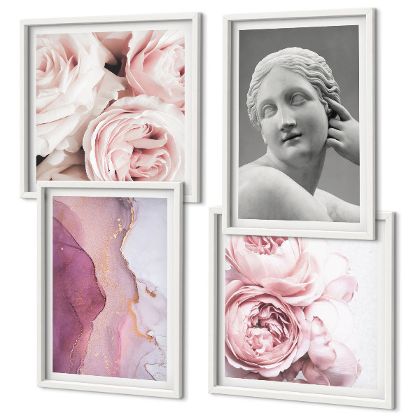 Composizione di 4 quadri Scultura di peonia raffigurante una donna