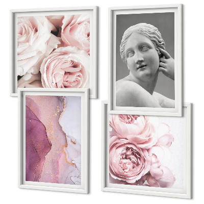 Composizione di 4 quadri Scultura di peonia raffigurante una donna