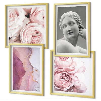 Composizione di 4 quadri Scultura di peonia raffigurante una donna