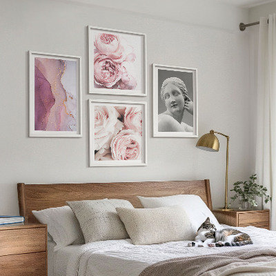Composizione di 4 quadri Scultura di peonia raffigurante una donna