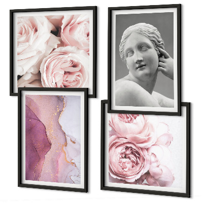 Composizione di 4 quadri Scultura di peonia raffigurante una donna
