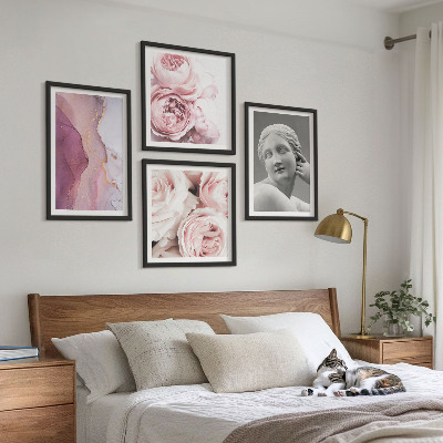 Composizione di 4 quadri Scultura di peonia raffigurante una donna
