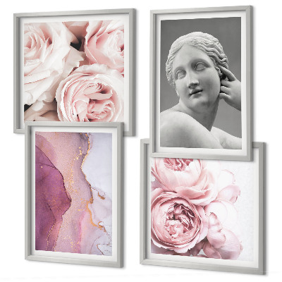 Composizione di 4 quadri Scultura di peonia raffigurante una donna