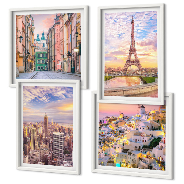 Polittico con cornice New York Parigi Oia Varsavia crepuscolo