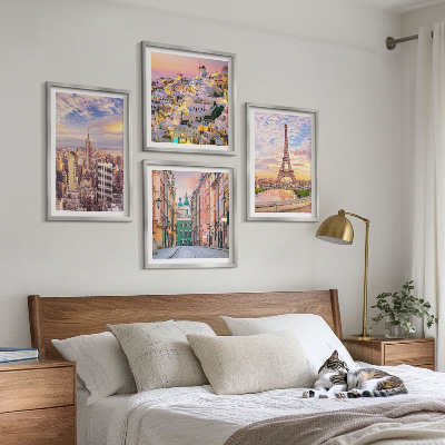Polittico con cornice New York Parigi Oia Varsavia crepuscolo