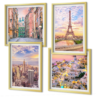 Polittico con cornice New York Parigi Oia Varsavia crepuscolo