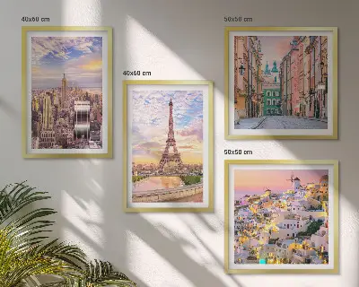 Polittico con cornice raffigurante New York, Parigi, Oia e Varsavia al crepuscolo