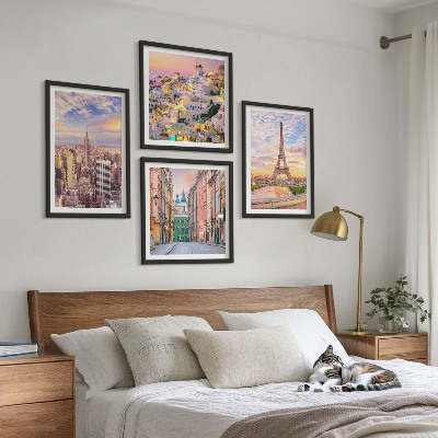Polittico con cornice New York Parigi Oia Varsavia crepuscolo