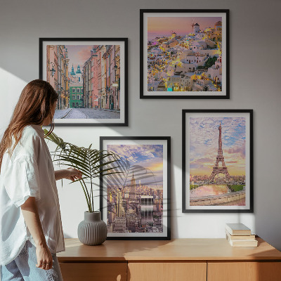 Polittico con cornice New York Parigi Oia Varsavia crepuscolo