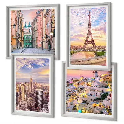 Polittico con cornice raffigurante New York, Parigi, Oia e Varsavia al crepuscolo