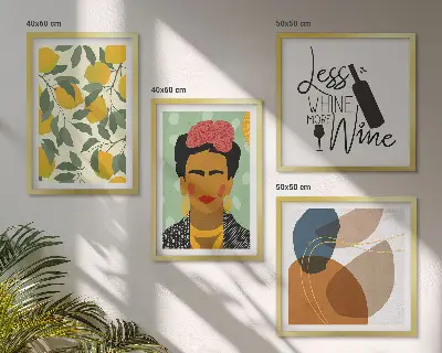 Polittico con cornice con stampa di limoni, vino e ritratto di Frida