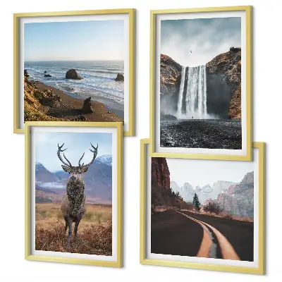 Galleria a parete con paesaggi di montagne, cascate, cervi e spiagge