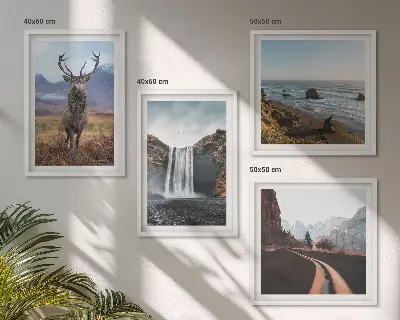 Galleria a parete con paesaggi di montagne, cascate, cervi e spiagge