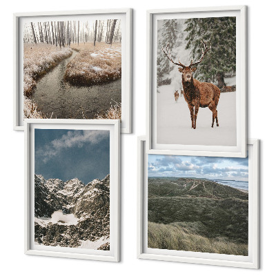 Composizione di 4 quadri Montagne, cervi delle nevi, paesaggio forestale