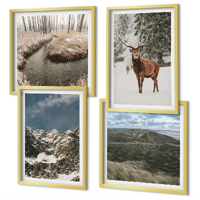 Composizione di 4 quadri Montagne, cervi delle nevi, paesaggio forestale