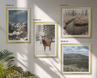 Composizione di 4 quadri Montagne, cervi delle nevi, paesaggio forestale